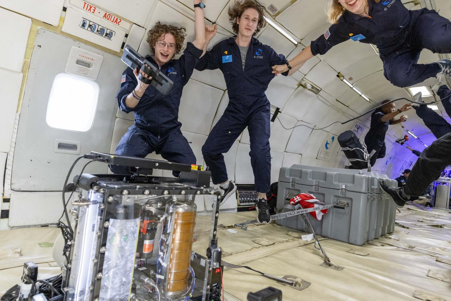 Carthage space science students testing the team's Microgravity Ullage Detection (MUD) payload experiment on its first zero-g flight.